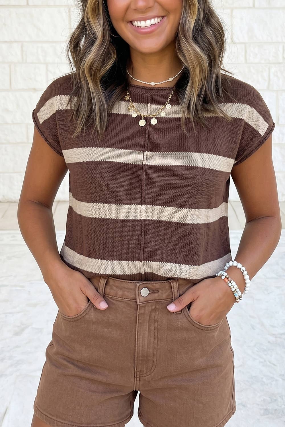 1 the Woman - Brown Striped Short Sleeve Knit Western Sweater