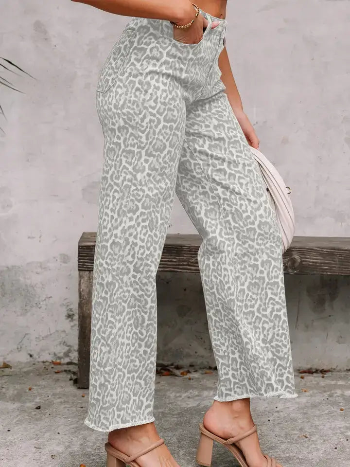Lovesoft - Brown Leopard Frayed Edge Wide Leg High Waist Jeans