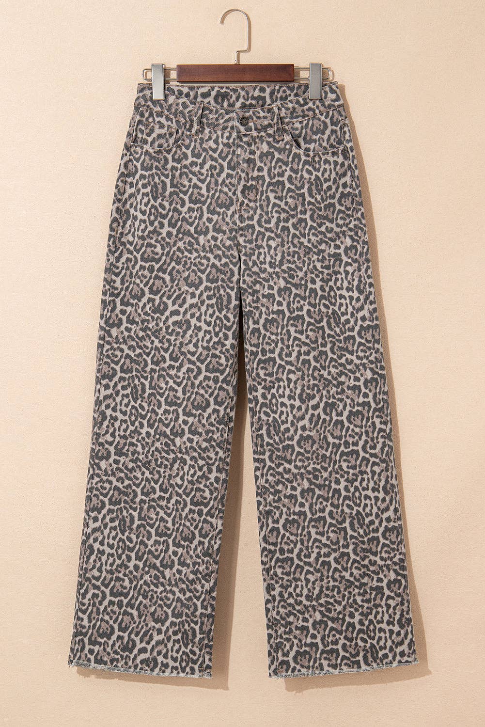 Lovesoft - Brown Leopard Frayed Edge Wide Leg High Waist Jeans
