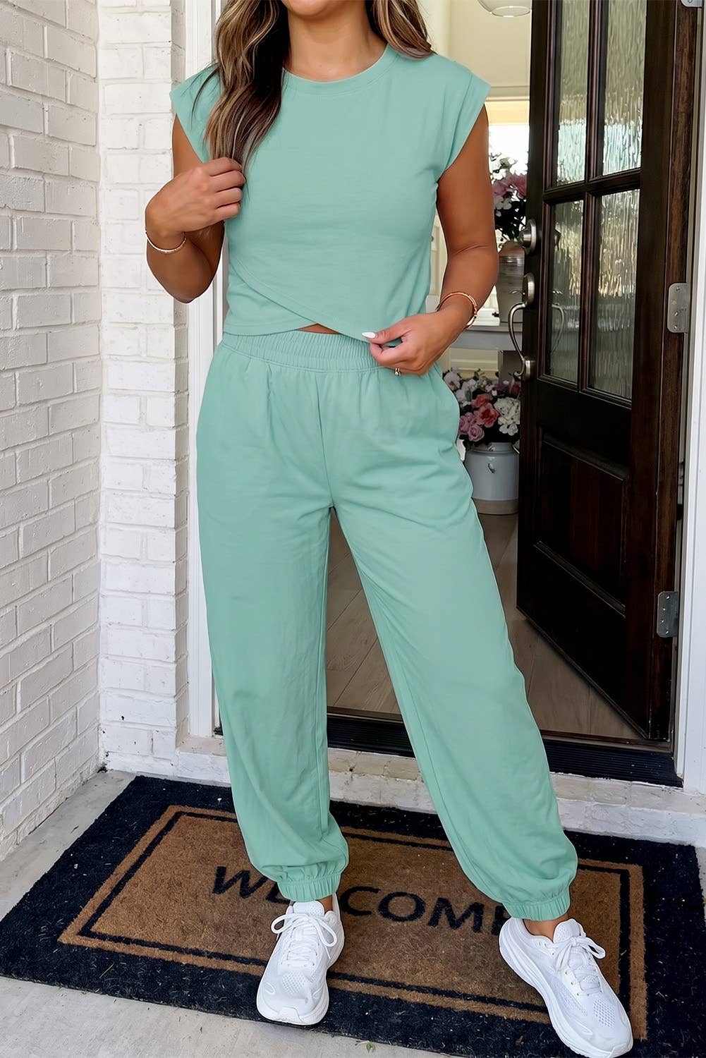 LA Society - LAS Solid Color Cropped Tank Top and Jogger Pants Set (S-XL)