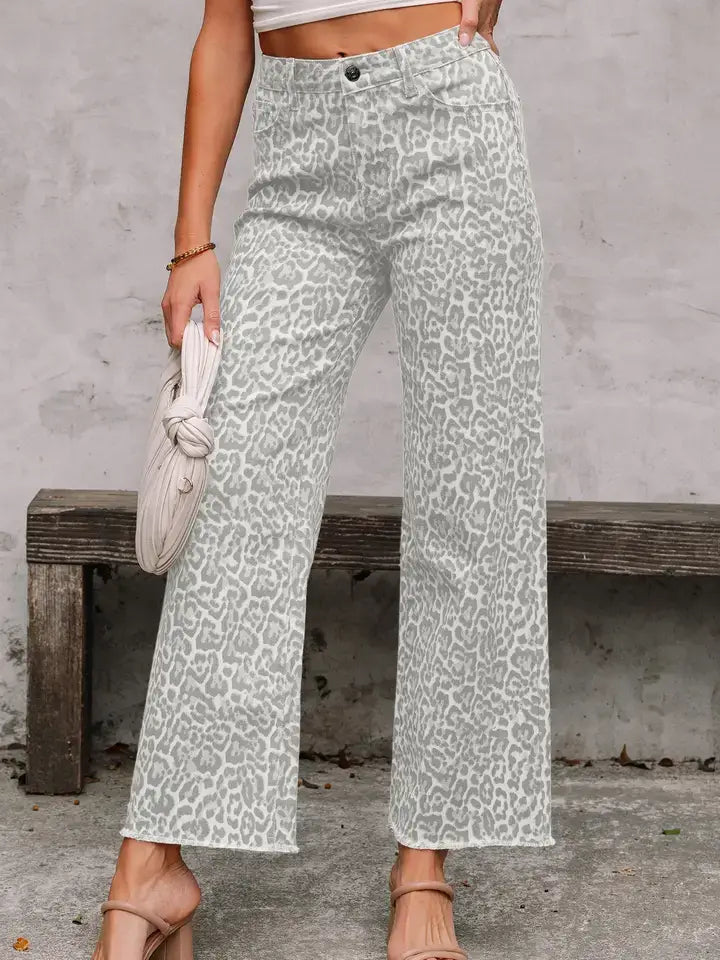 Lovesoft - Brown Leopard Frayed Edge Wide Leg High Waist Jeans