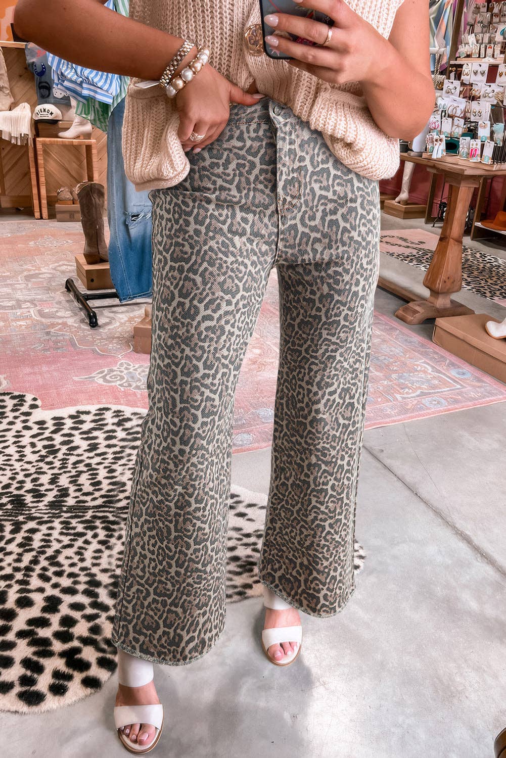 Lovesoft - Brown Leopard Frayed Edge Wide Leg High Waist Jeans