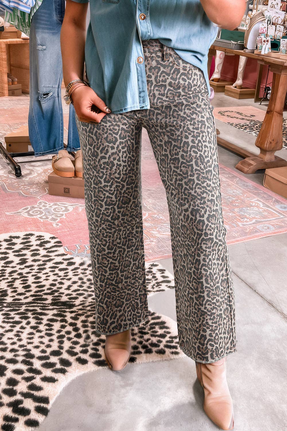 Lovesoft - Brown Leopard Frayed Edge Wide Leg High Waist Jeans