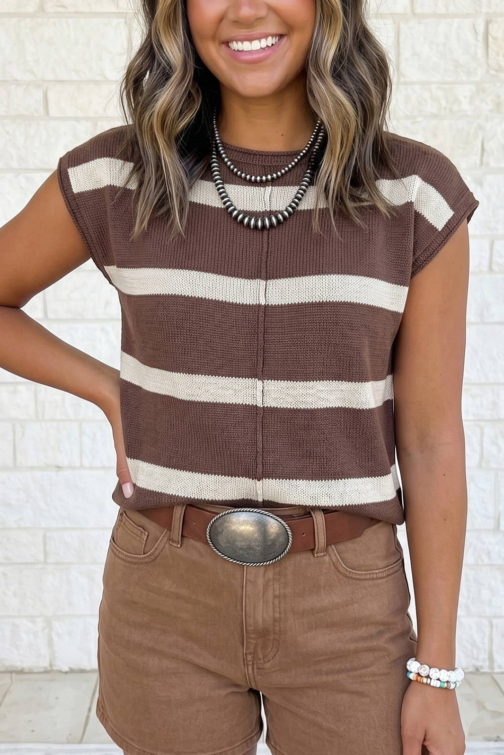 1 the Woman - Brown Striped Short Sleeve Knit Western Sweater