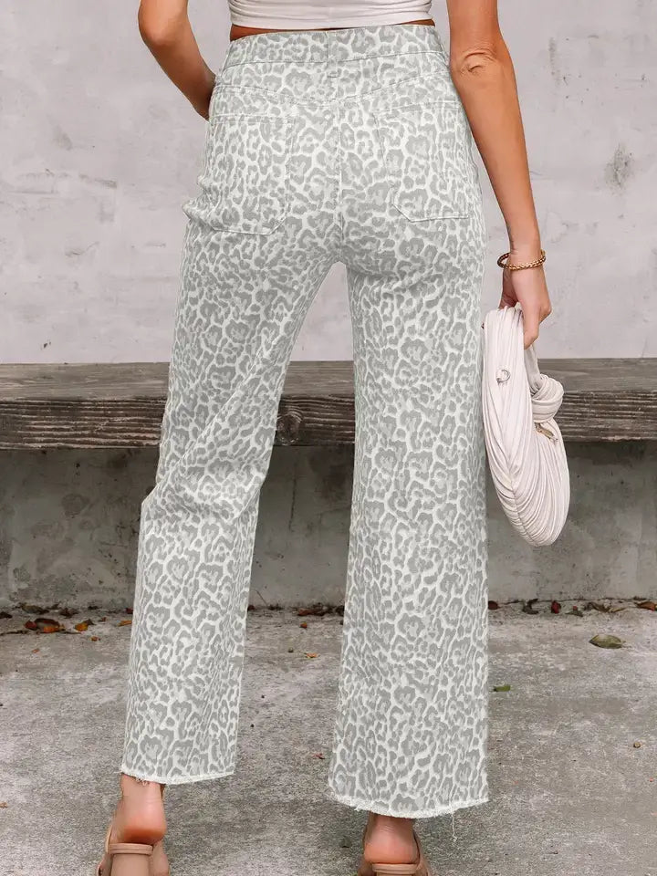 Lovesoft - Brown Leopard Frayed Edge Wide Leg High Waist Jeans